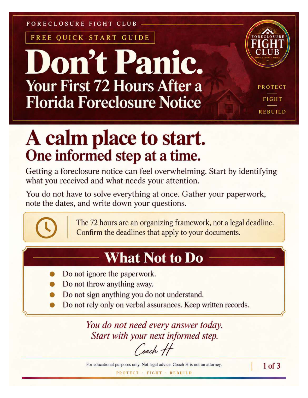 Current cover of the free First 72 Hours guide